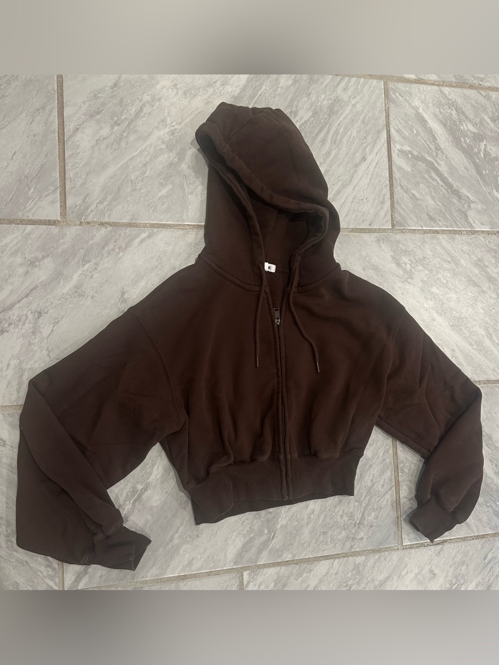 Garage Womens Brown Cropped Full Zip Drawstring’s Hoodie Sweatshirt Size S-M